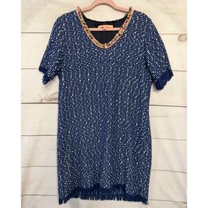 VILAGALLO Tweed Fringe V Neck Dress Blue White‎ Women's Size 46